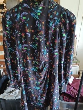 Tanya Taylor Black Silk Floral Print Dress with Multicolor Accents
